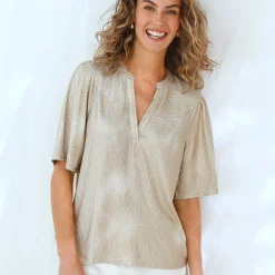 Goudkleurig T-shirt met mouwen op ellebooglengte, fantasietricot met plissé