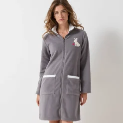 Halflange kamerjas met rits, in fleece, 'konijn' borduursel
