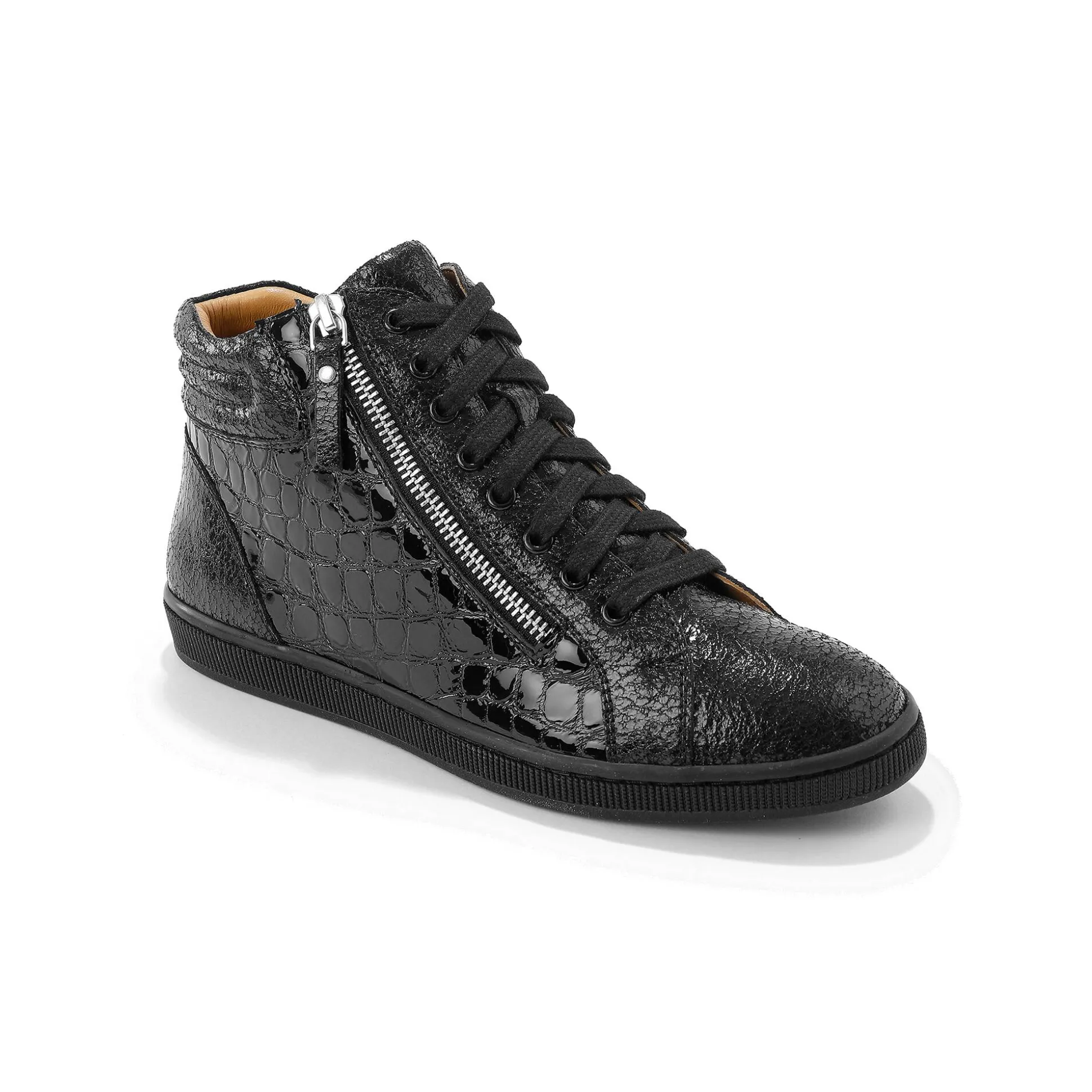 Hoge sneakers in soepel leer met kroko-effect en rits