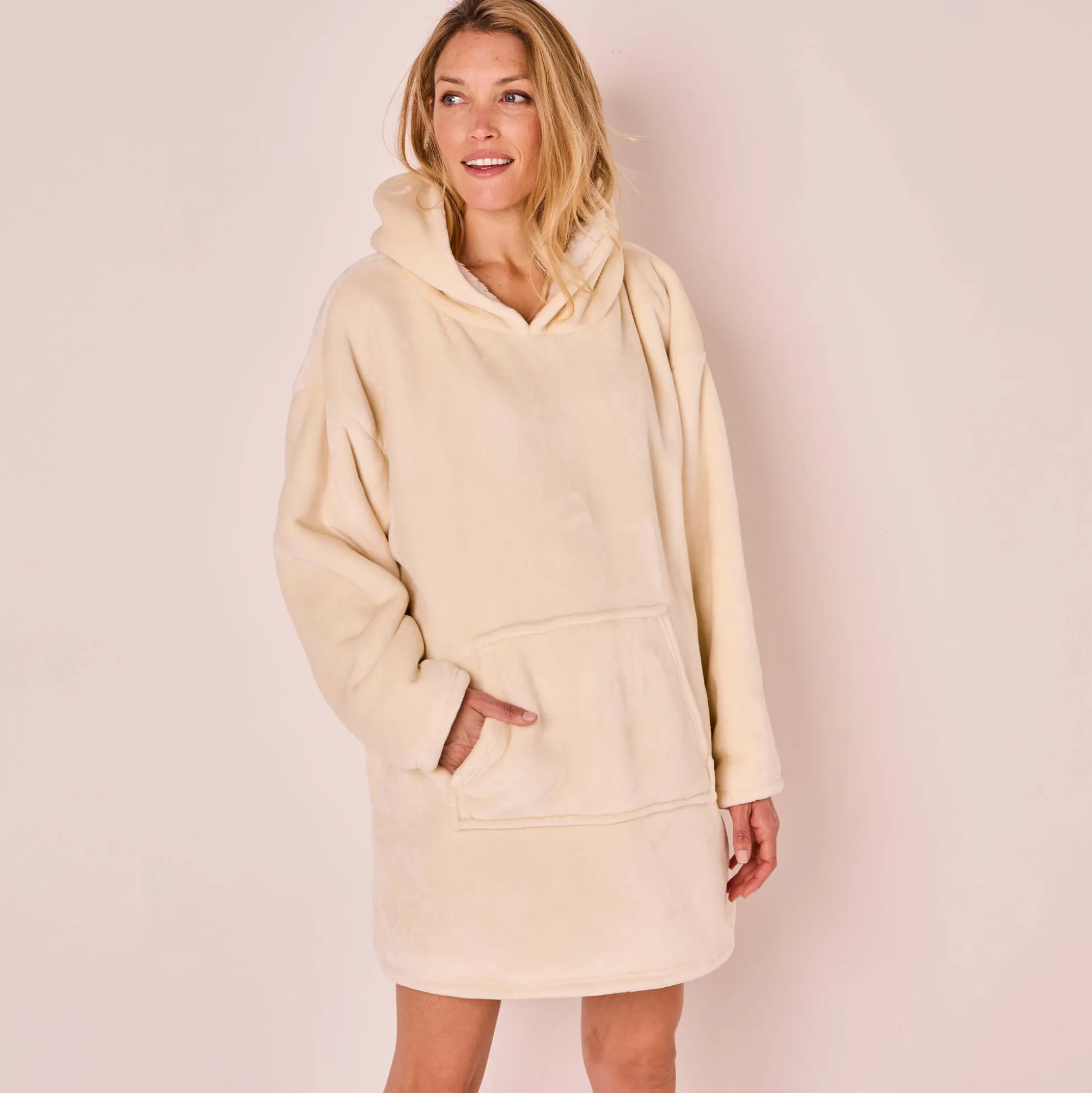 Hoodie-plaid in fleece met kap en sherpavoering
