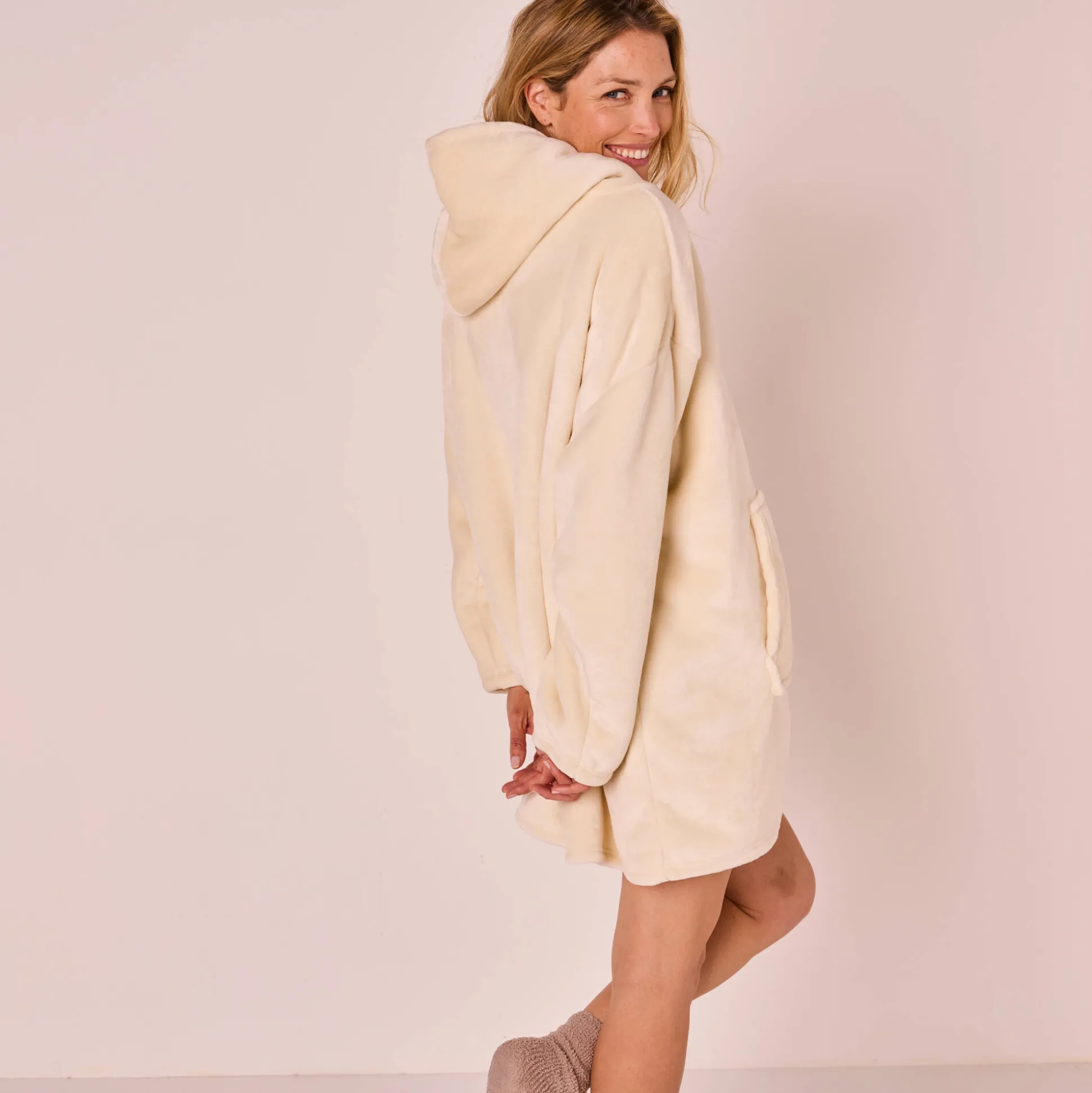Hoodie-plaid in fleece met kap en sherpavoering