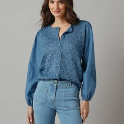2-in-1 vest in 2 materialen, ajourtricot en geborduurde mouwen van katoen
