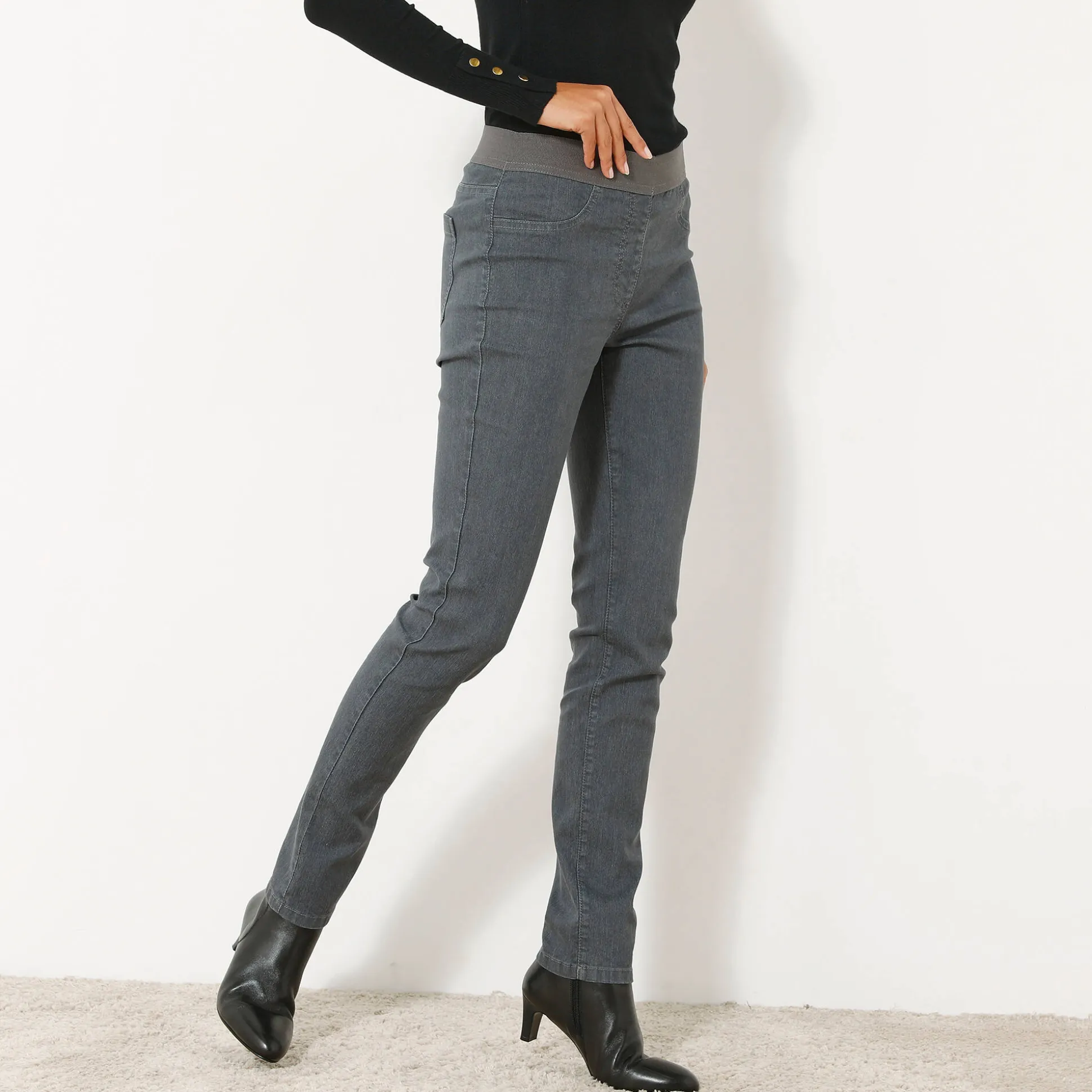 Jegging in denim met elastische taille, grote lengte