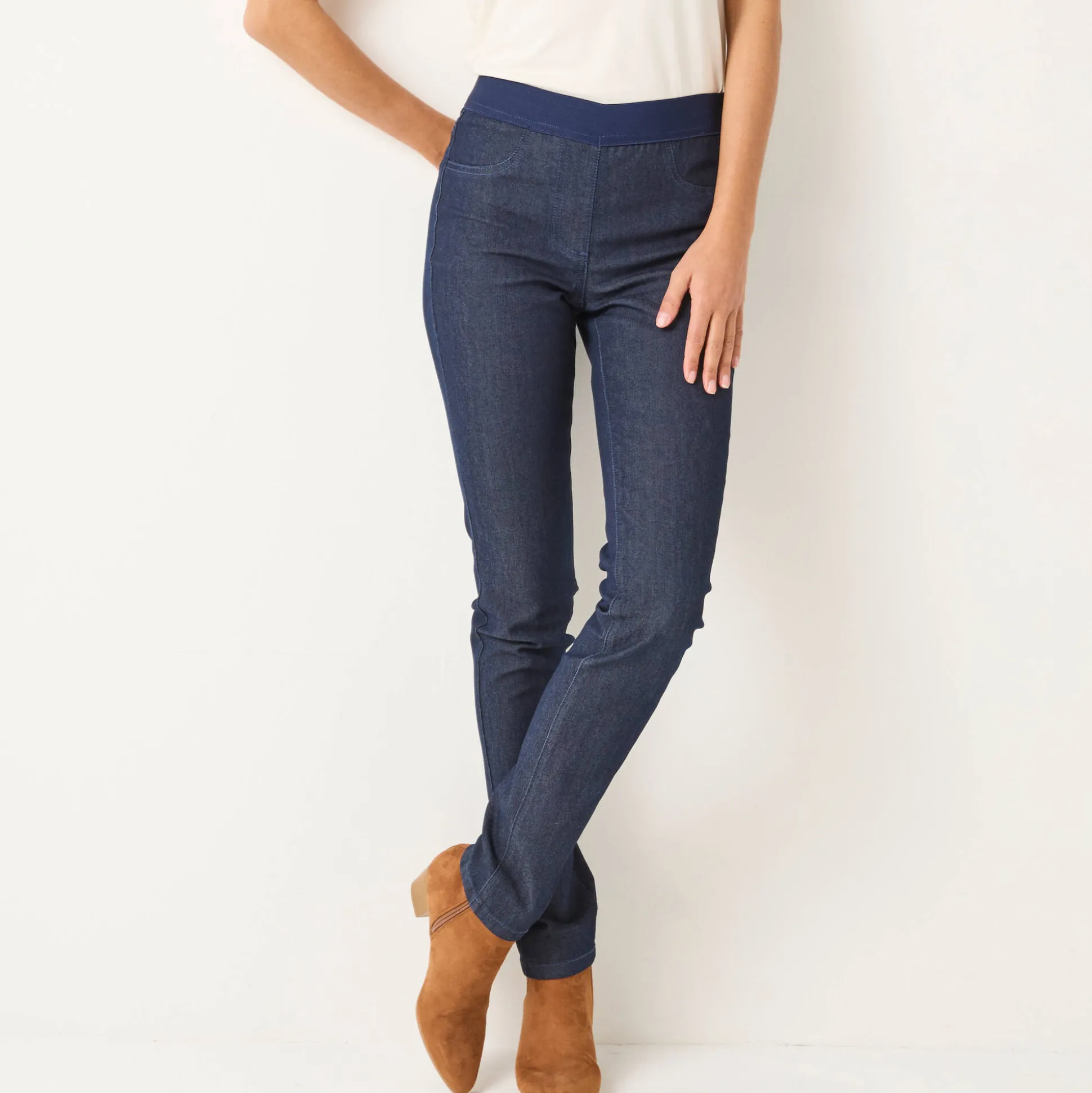 Jegging in denim met elastische taille, grote lengte