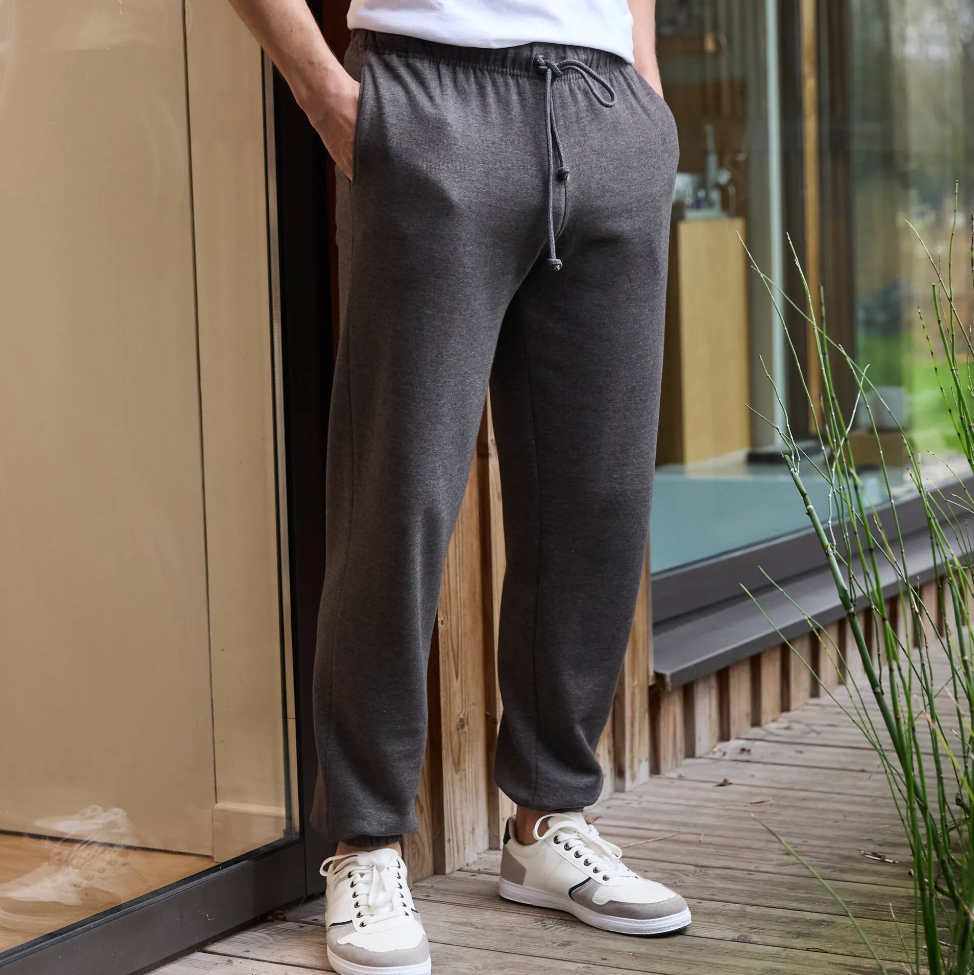 Joggingbroek in molton met elastische pijponderkanten