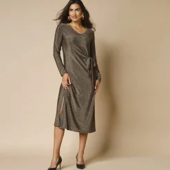Jurk in glanzend tricot met lange mouwen, geknoopt detail