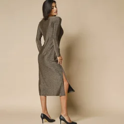 Jurk in glanzend tricot met lange mouwen, geknoopt detail