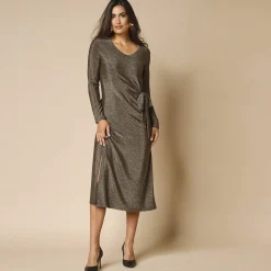 Jurk in glanzend tricot met lange mouwen, geknoopt detail