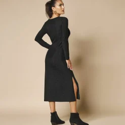 Jurk in glanzend tricot met lange mouwen, geknoopt detail