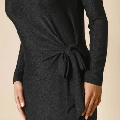 Jurk in glanzend tricot met lange mouwen, geknoopt detail