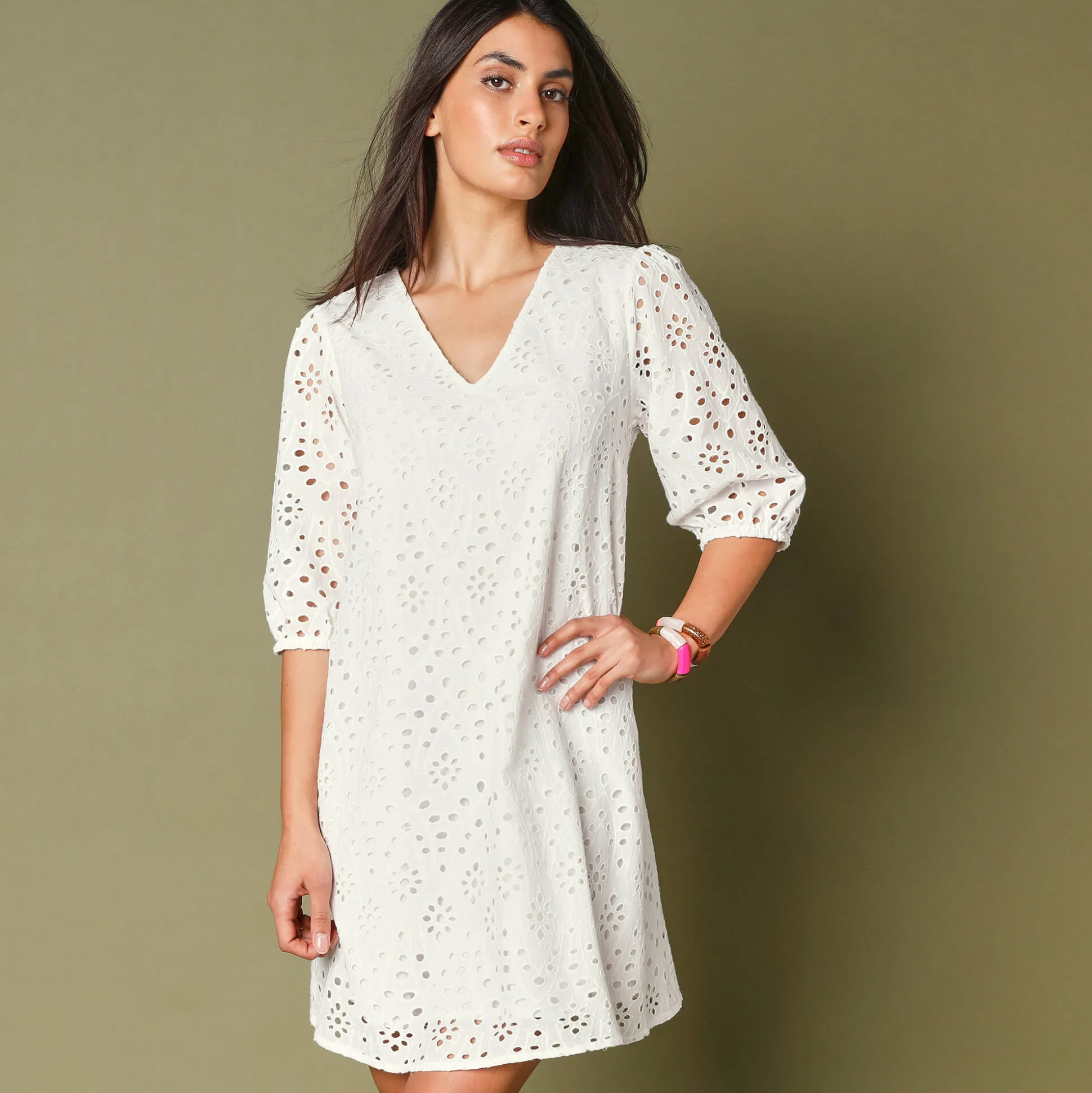 Jurk met broderie anglaise en 3/4-mouwen