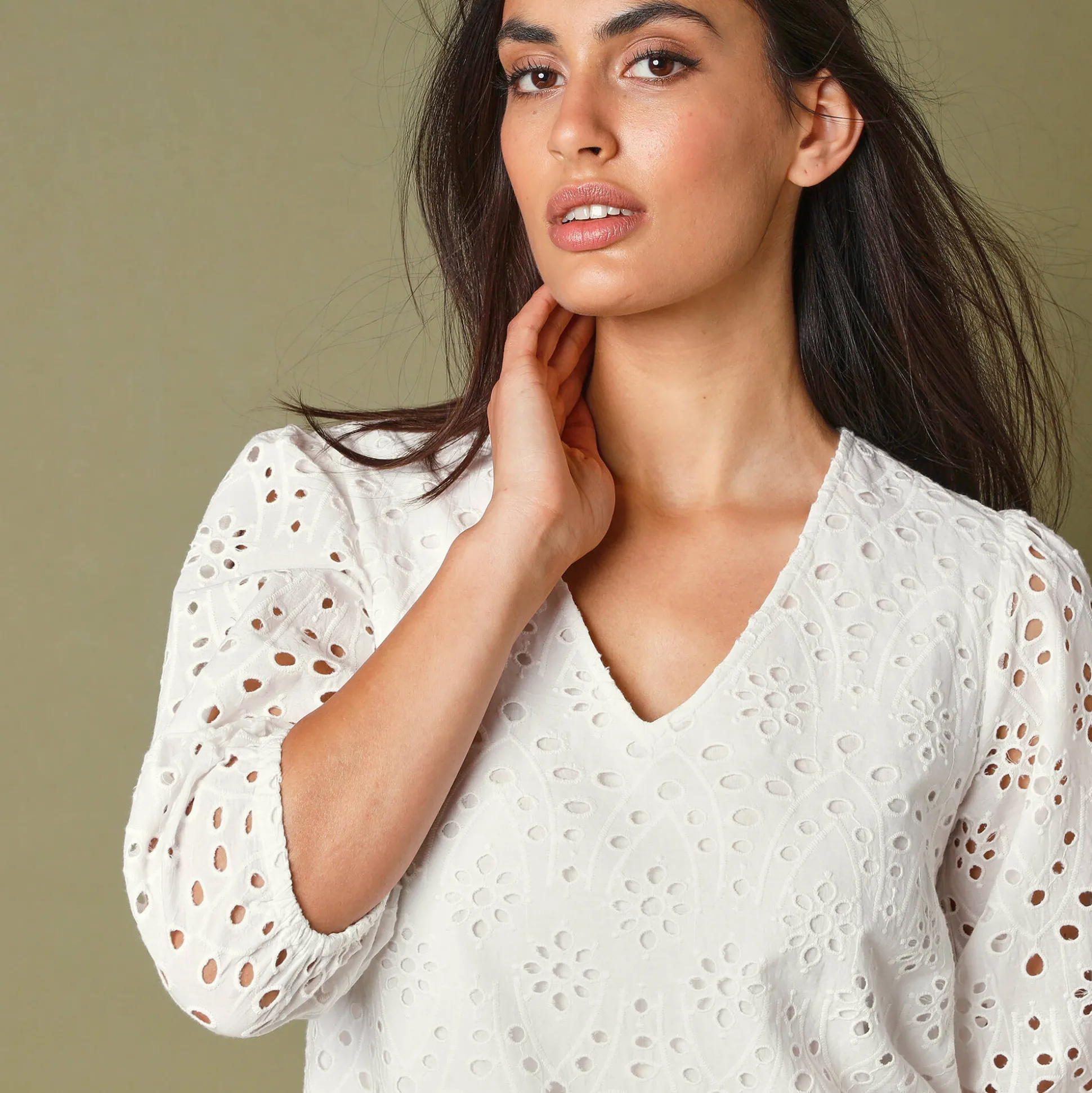 Jurk met broderie anglaise en 3/4-mouwen