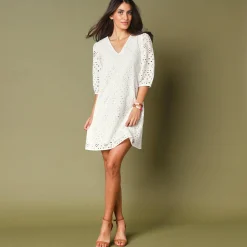 Jurk met broderie anglaise en 3/4-mouwen
