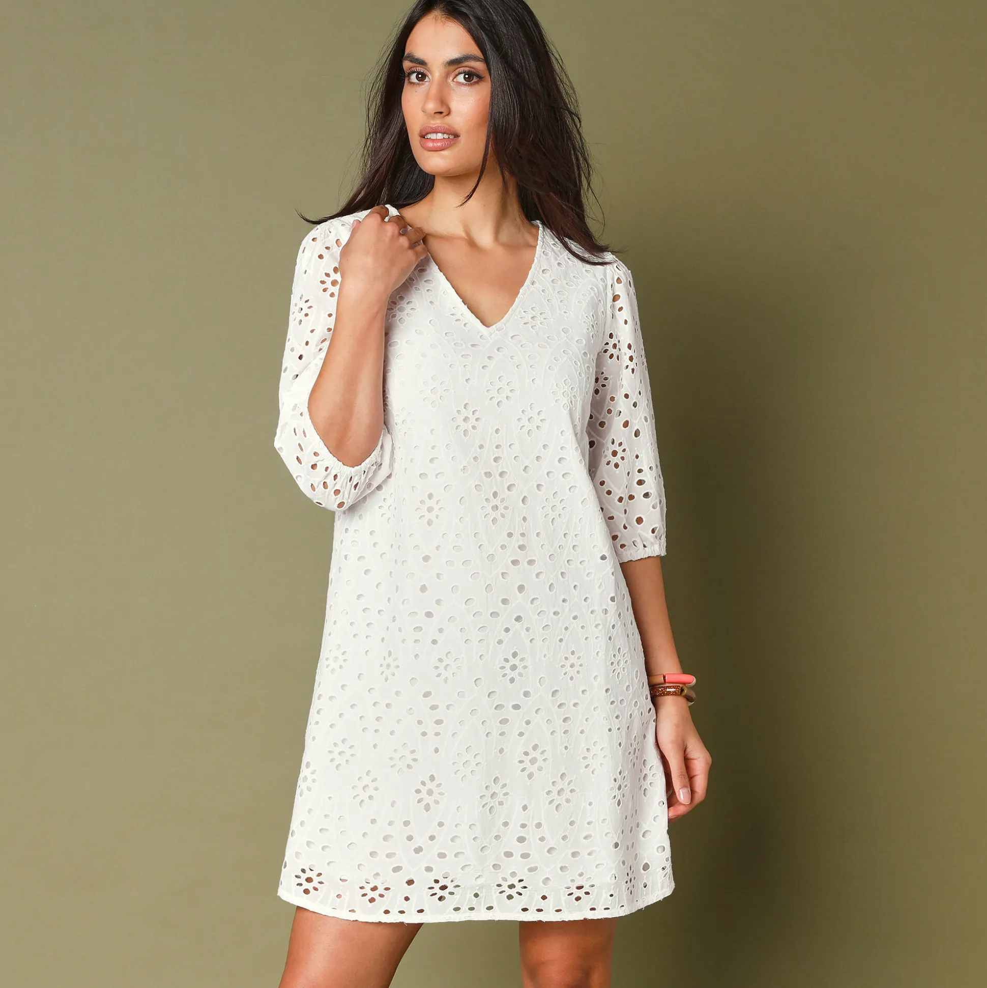 Jurk met broderie anglaise en 3/4-mouwen