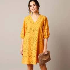 Jurk met broderie anglaise en 3/4-mouwen