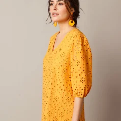 Jurk met broderie anglaise en 3/4-mouwen