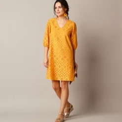 Jurk met broderie anglaise en 3/4-mouwen