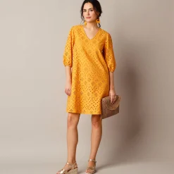 Jurk met broderie anglaise en 3/4-mouwen