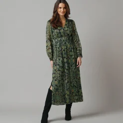 Jurk met lange mouwen en strookdetails, bedrukte jacquardvoile