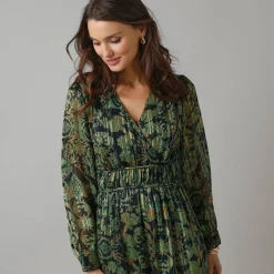 Jurk met lange mouwen en strookdetails, bedrukte jacquardvoile