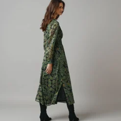 Jurk met lange mouwen en strookdetails, bedrukte jacquardvoile