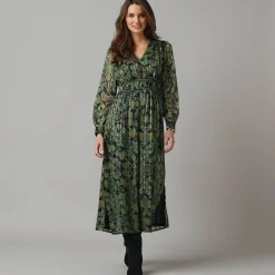 Jurk met lange mouwen en strookdetails, bedrukte jacquardvoile