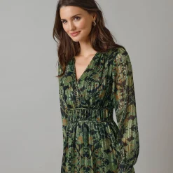 Jurk met lange mouwen en strookdetails, bedrukte jacquardvoile