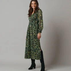 Jurk met lange mouwen en strookdetails, bedrukte jacquardvoile