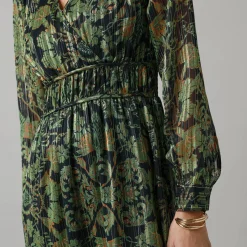 Jurk met lange mouwen en strookdetails, bedrukte jacquardvoile
