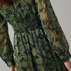 Jurk met lange mouwen en strookdetails, bedrukte jacquardvoile