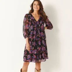 Jurk met plooien, voile met bloemenprint