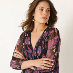 Jurk met plooien, voile met bloemenprint