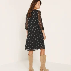 Jurk met plooien, voile met stippenprint