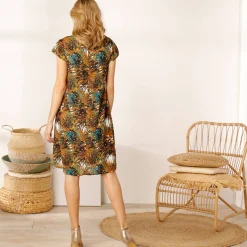 Jurk met tropical print - decolleté met macramé