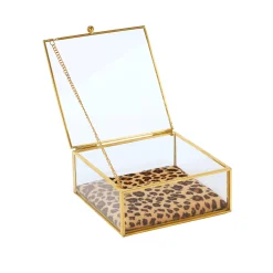 Juwelendoos in glas en metaal, kussentje met luipaardmotief