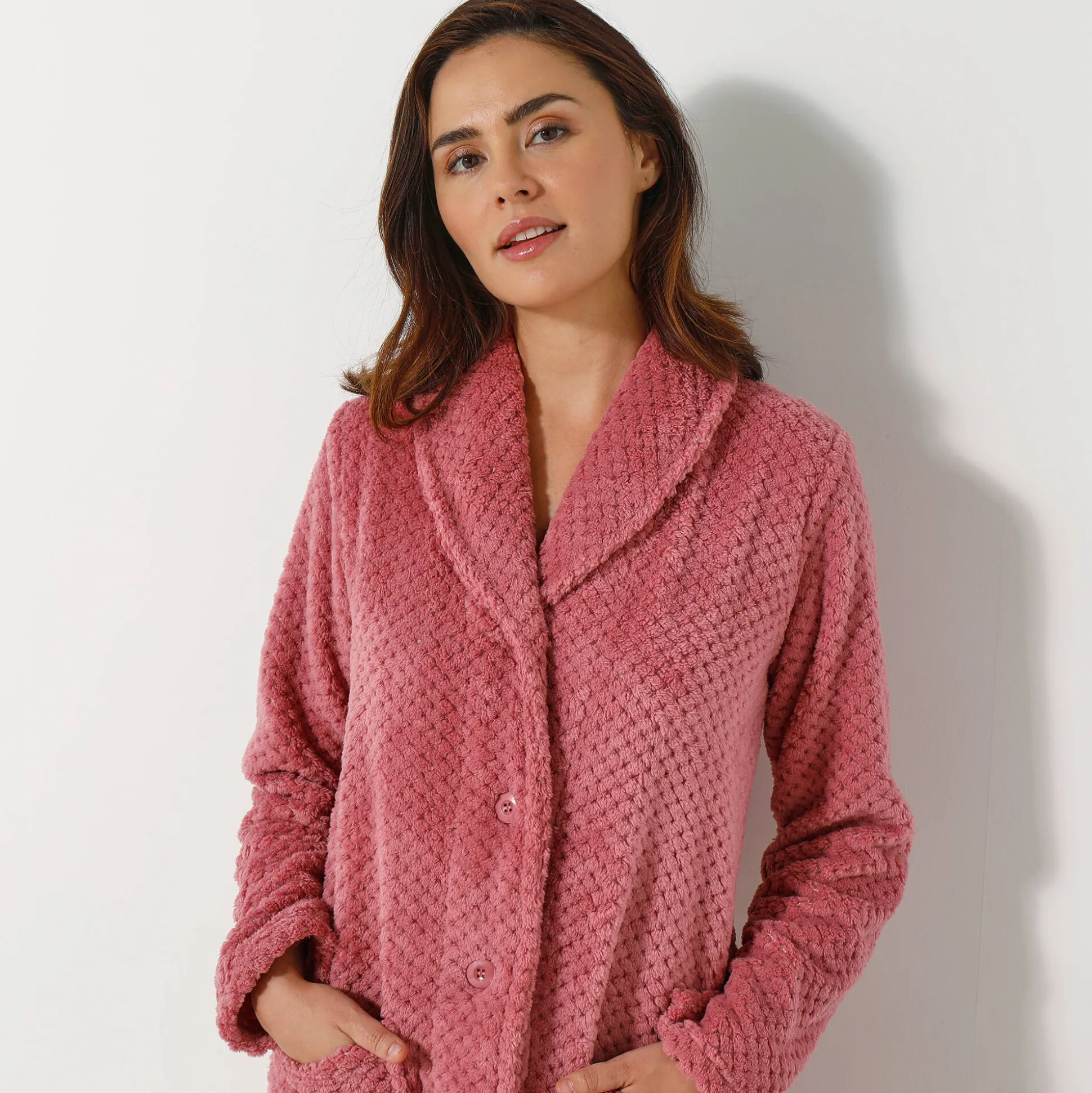 Kamerjas in fleecetricot met sjaalkraag - 95 cm lang