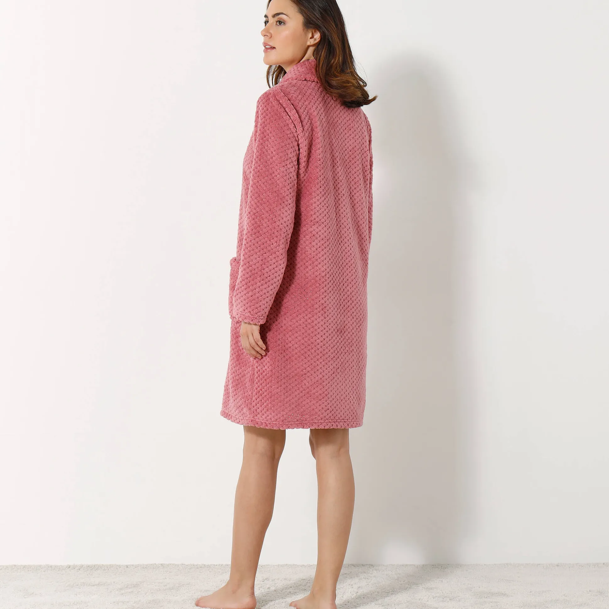 Kamerjas in fleecetricot met sjaalkraag - 95 cm lang