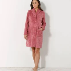 Kamerjas in fleecetricot met sjaalkraag - 95 cm lang