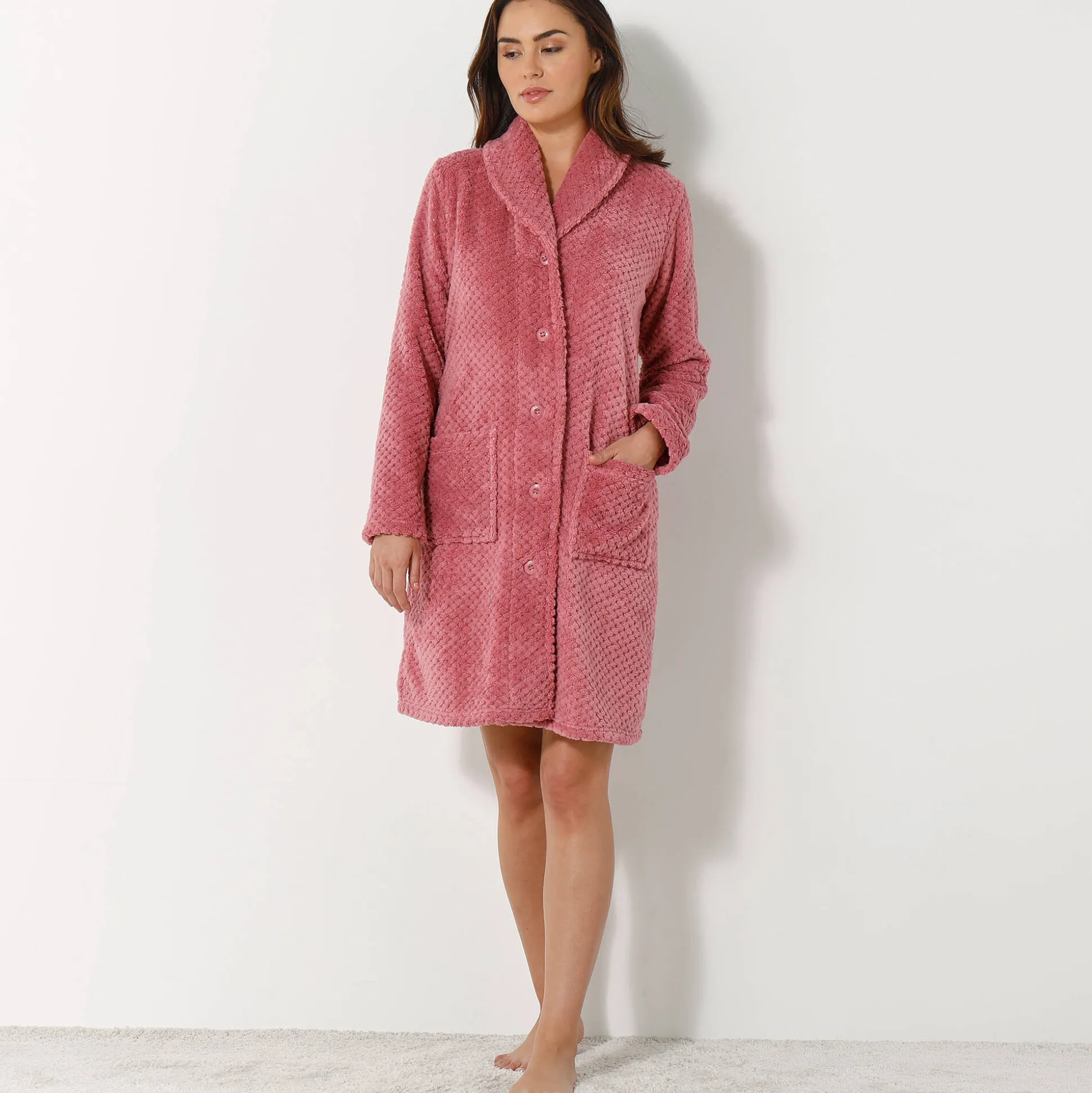 Kamerjas in fleecetricot met sjaalkraag - 95 cm lang