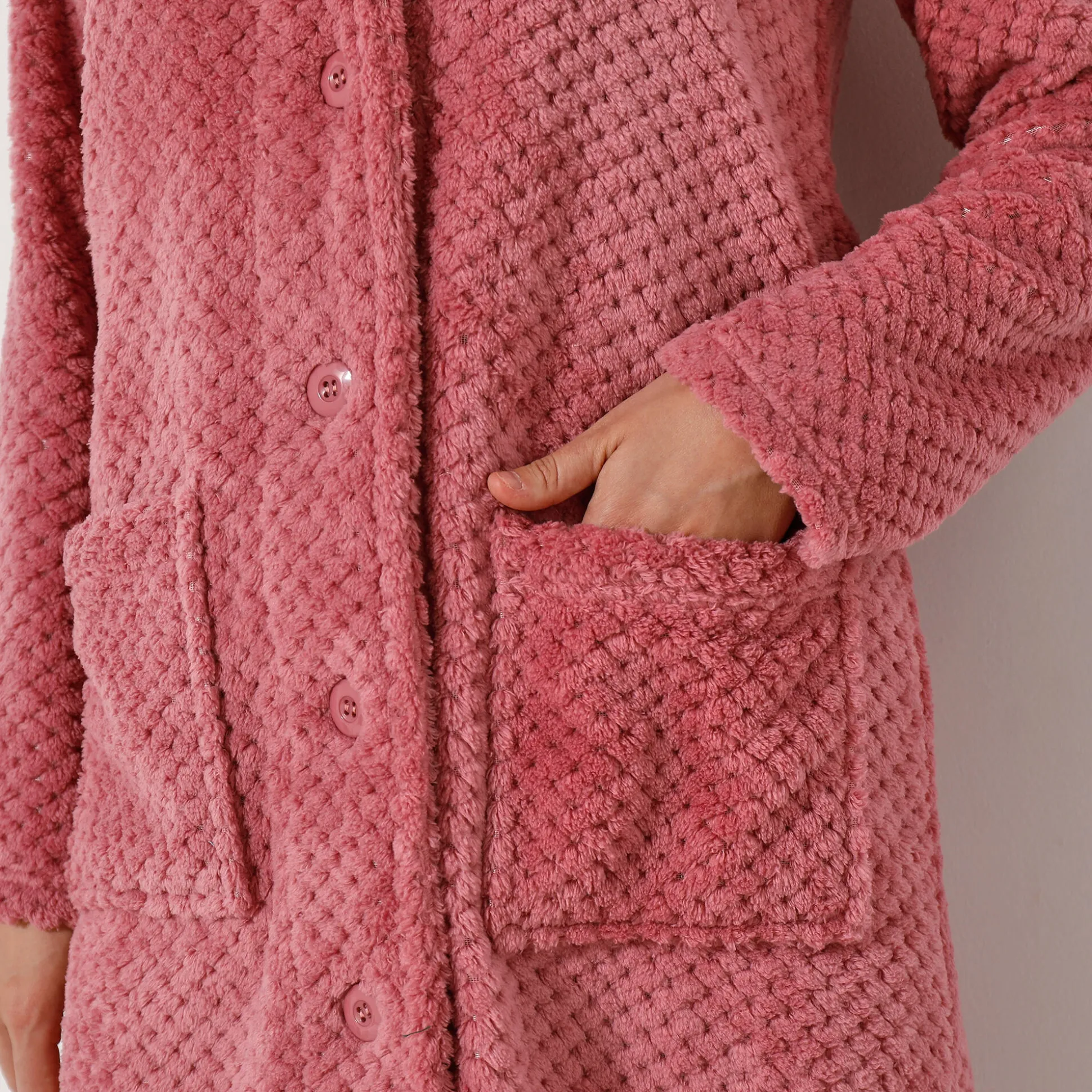 Kamerjas in fleecetricot met sjaalkraag - 95 cm lang