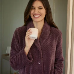 Kamerjas in fleecetricot met sjaalkraag - 95 cm lang