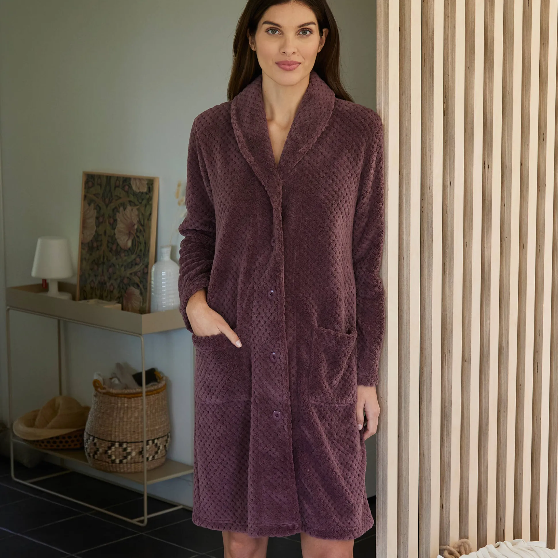 Kamerjas in fleecetricot met sjaalkraag - 95 cm lang