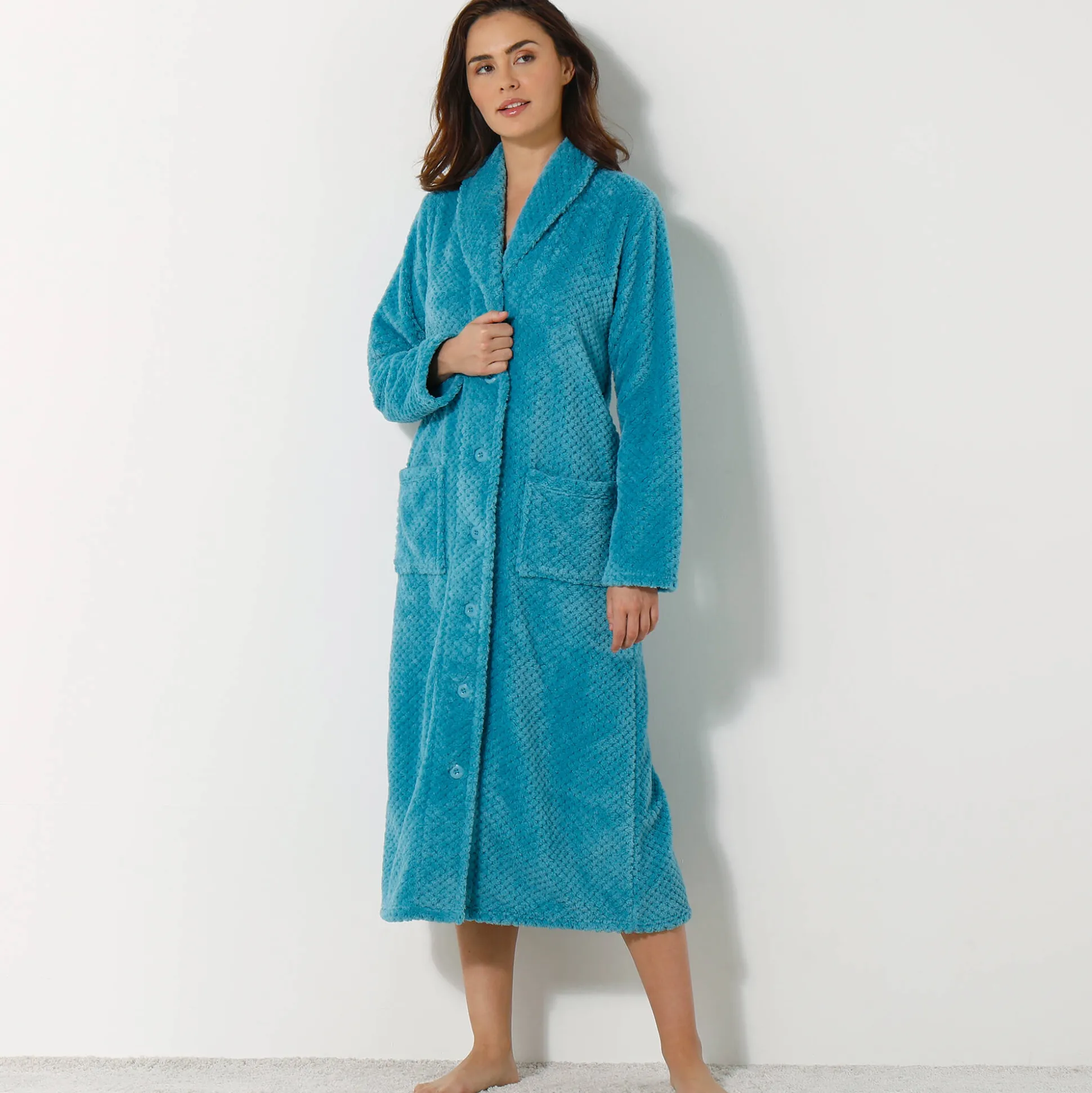 Kamerjas in fleecetricot met sjaalkraag - 120 cm lang