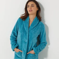 Kamerjas in fleecetricot met sjaalkraag - 120 cm lang