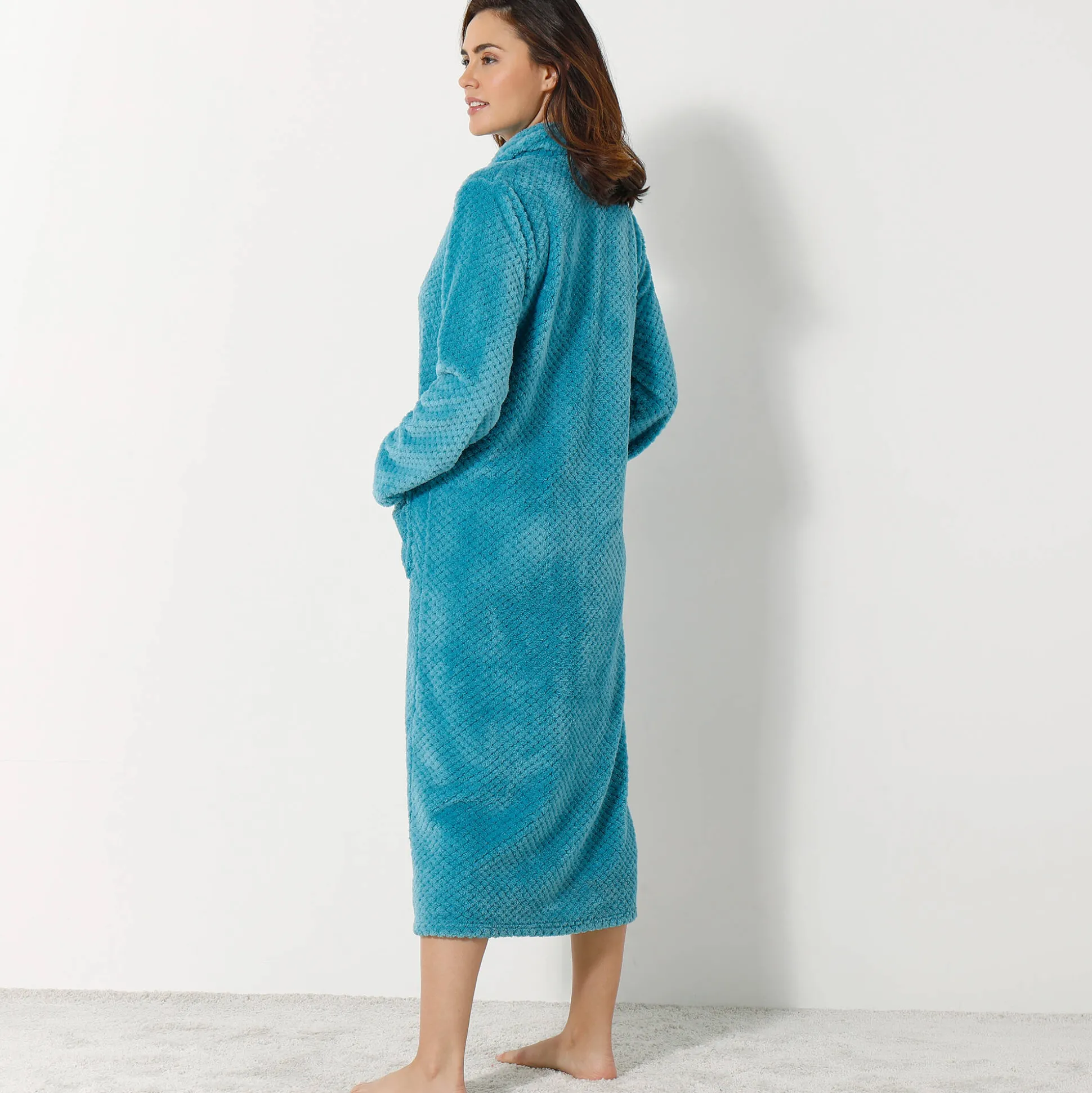 Kamerjas in fleecetricot met sjaalkraag - 120 cm lang