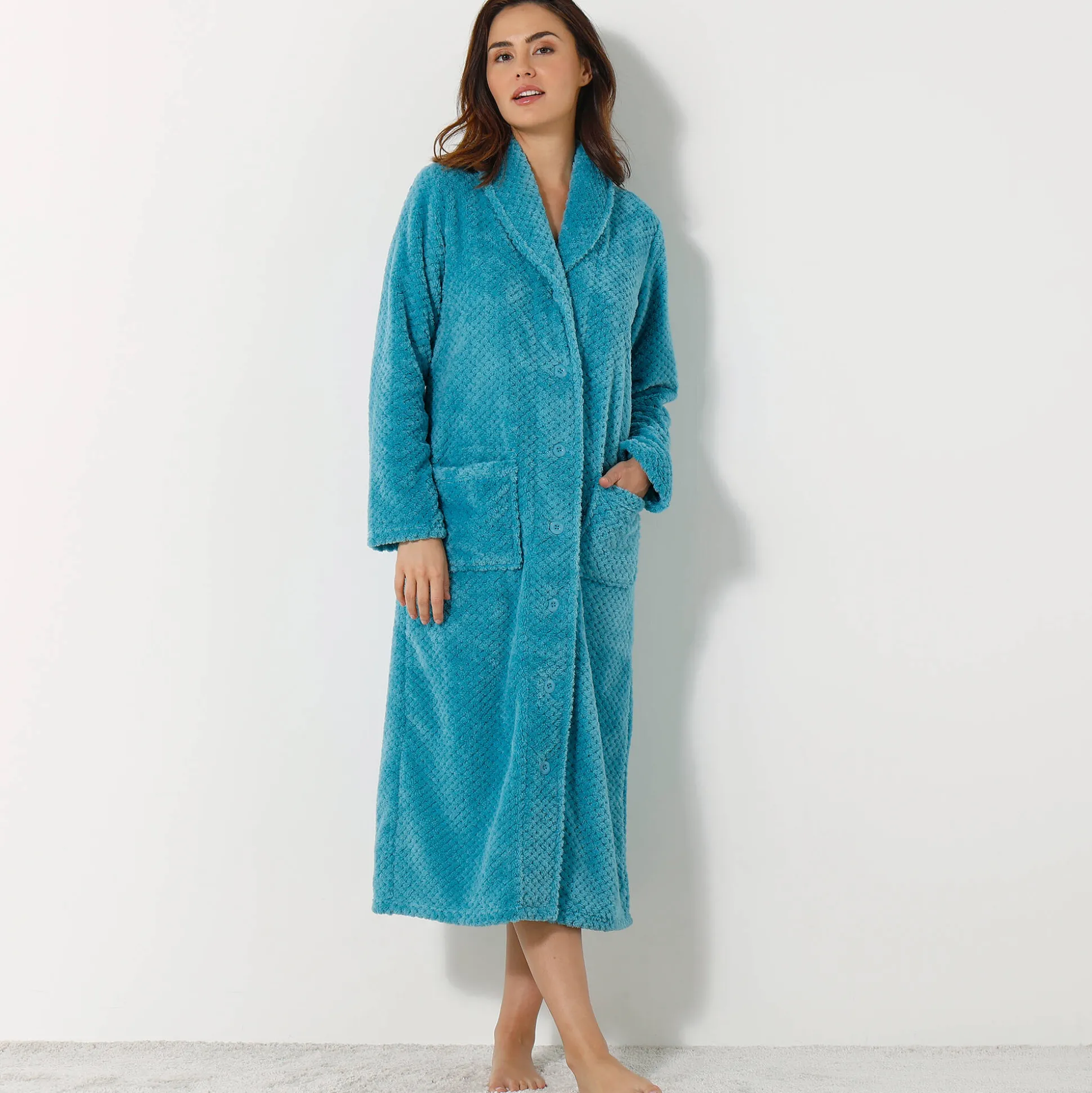 Kamerjas in fleecetricot met sjaalkraag - 120 cm lang