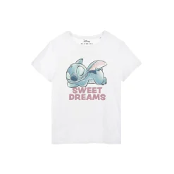 Katoenen pyjamashirt voor dames met korte mouwen en "Sweet Dreams" Stitch-print