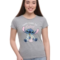 Katoenen pyjamashirt voor dames met korte mouwen en "Take time to relax" Stitch-print