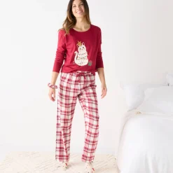 Kerstpyjama met 'kat' motief in katoen-flanel, met scrunchie