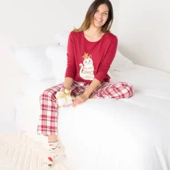 Kerstpyjama met 'kat' motief in katoen-flanel, met scrunchie